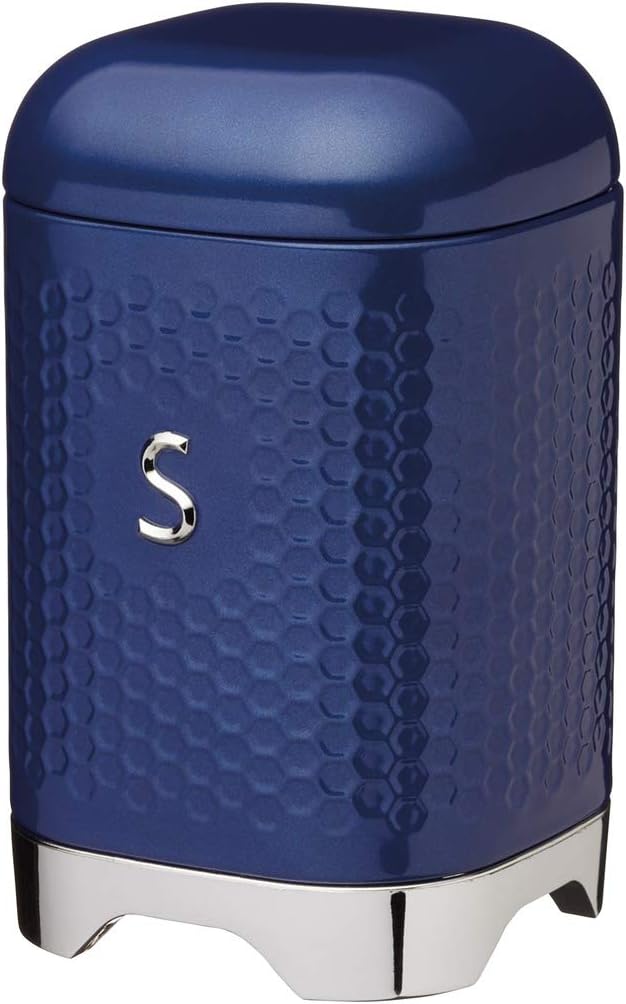 LOVELLO KitchenCraft Textured Sugar Canister with Geometric Hexagon Pattern, 11 x 11 x 19 cm (4.5" x 4.5" x 7.5") - Midnight Navy