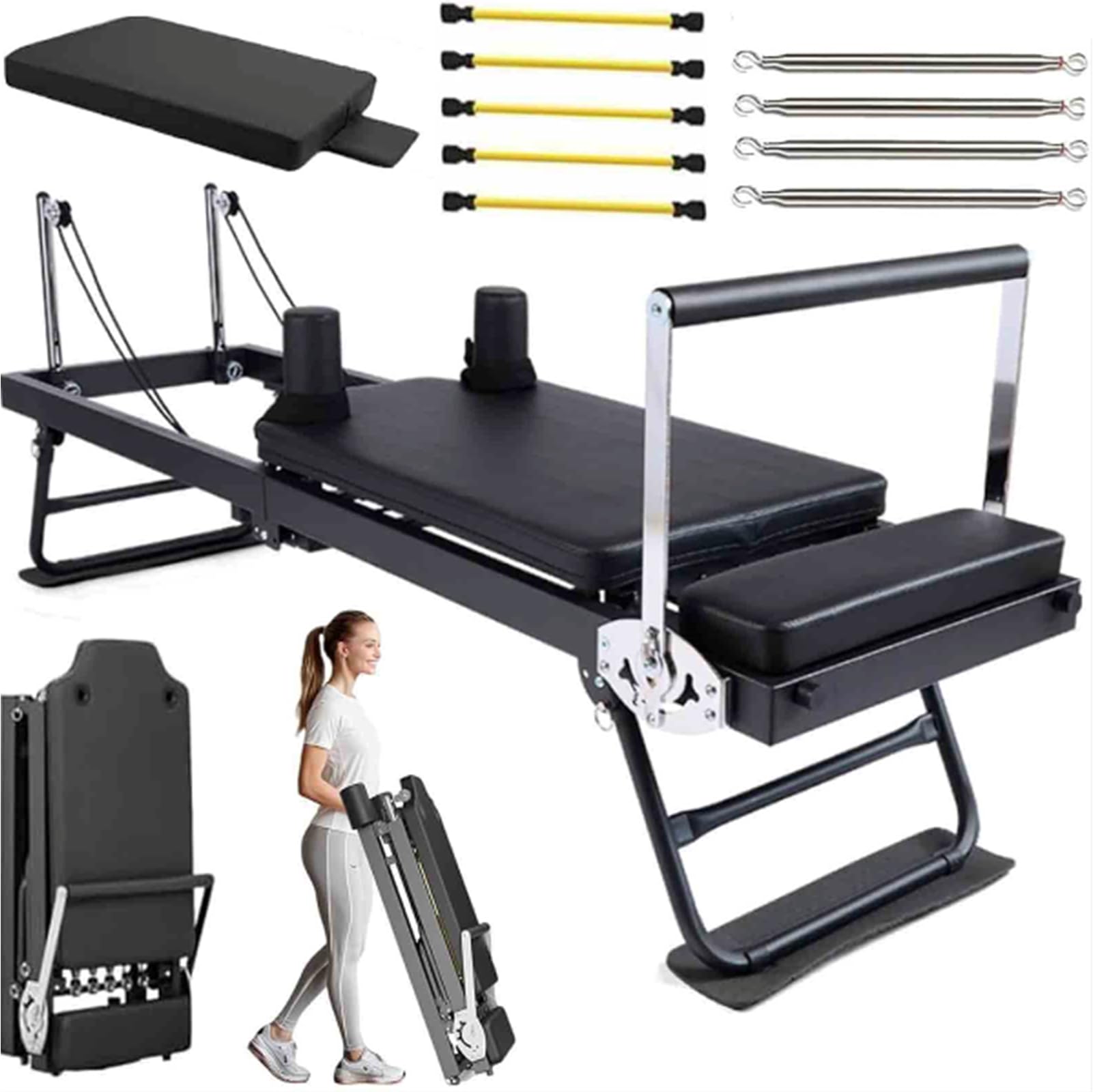 Pilates Reformer Machine, Foldable Pilates Equipment for Home-Yoga Exercise, with Jump Board and Dual Resistance, 4 Springs and 5 Cords, At Home Gym Workout,black