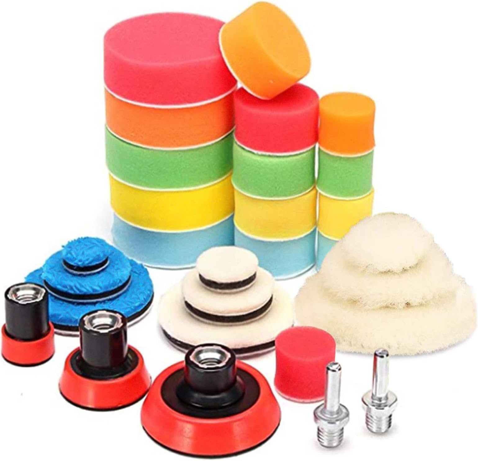 BizcasaDrill Polishing Pads, 29 pcs Car Polishing Sponge and Pad Set, Wool Polishing Buffing Pad Kit with 2 x M14 Drill Adapters for Buffer/Drill Car Sanding, Polishing, Waxing, Sealing Glaze