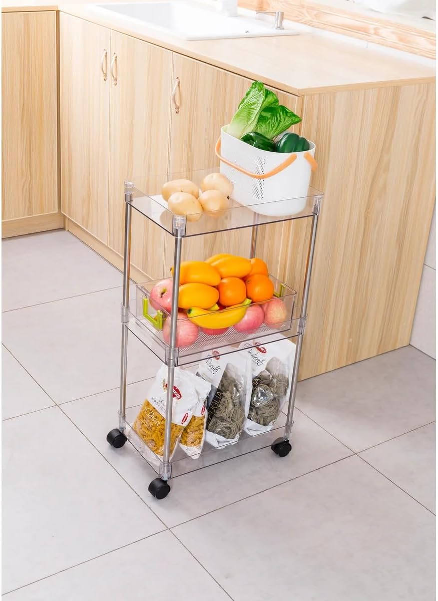 J&V TEXTILES 3 Tier Acrylic Rolling Cart with Wheels, Utility Storage Cart with Handle and Lockable Casters, Storage Basket Organizer Shelves, Easy Assemble for Kitchen, Living Room (Standard)