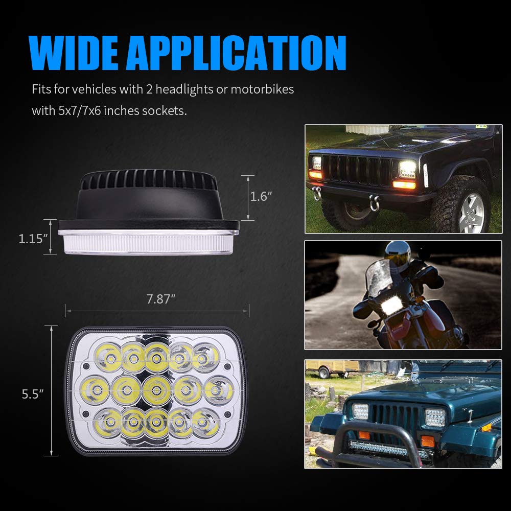 MICTUNING 2Pcs 5x7 7x6 Led Headlights Rectangular Hi Lo Led Sealed Beam H6054 6053 6052 5054 Square Headlamp Replacement for Jep Wrangler YJ XJ MJ Cherokee Chevy S10 Blazer Express Ford GMC