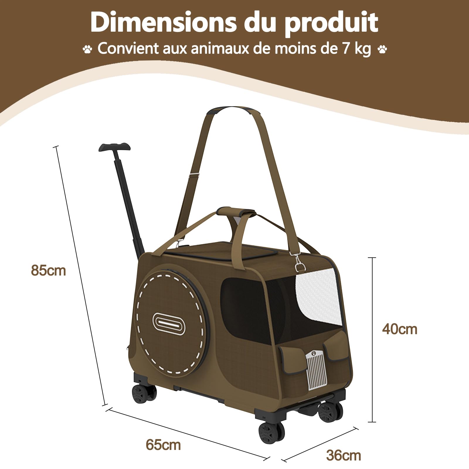 Galatée Poussette pour Animaux, Sac De Voyage pour Chien avec roulettes Amovibles, Sac pour Chat avec Fenêtres d'Aération en Filet, Sac pour Chien Pliable pour Le Camping en Plein Air(Brun)
