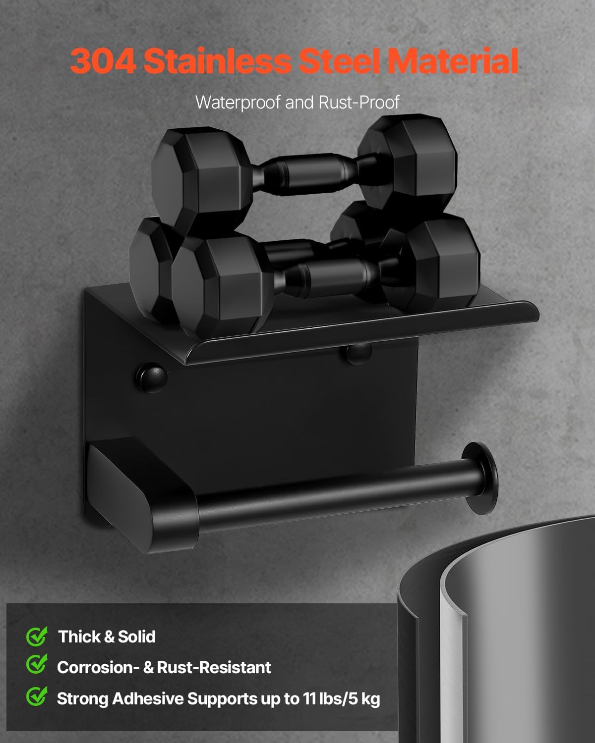 VEVOR Toilet Paper Holder with Shelf, Fits Mega Rolls Size, Stainless Steel Rustproof Material, Wall Mounted with Screws and Double-Sided Tape, Toilet Roll Tissue Holder for Bathroom, Matte Black