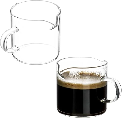 QWORK Double Spouts Espresso Shot Glass Cup Without Scale, 2 Pack Clear Glass Round Beaker with Handle, Suitable for Milk Coffee