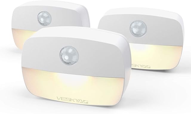VESKYAO 3 Packs Motion Sensor Night Light, Motion Sensor Lights Indoor, Battery Operated LED Stairs Lights with Adhesive Pads, for Cupboard, Wardrobe, Shelf, Toilet, Stairs - Warm White