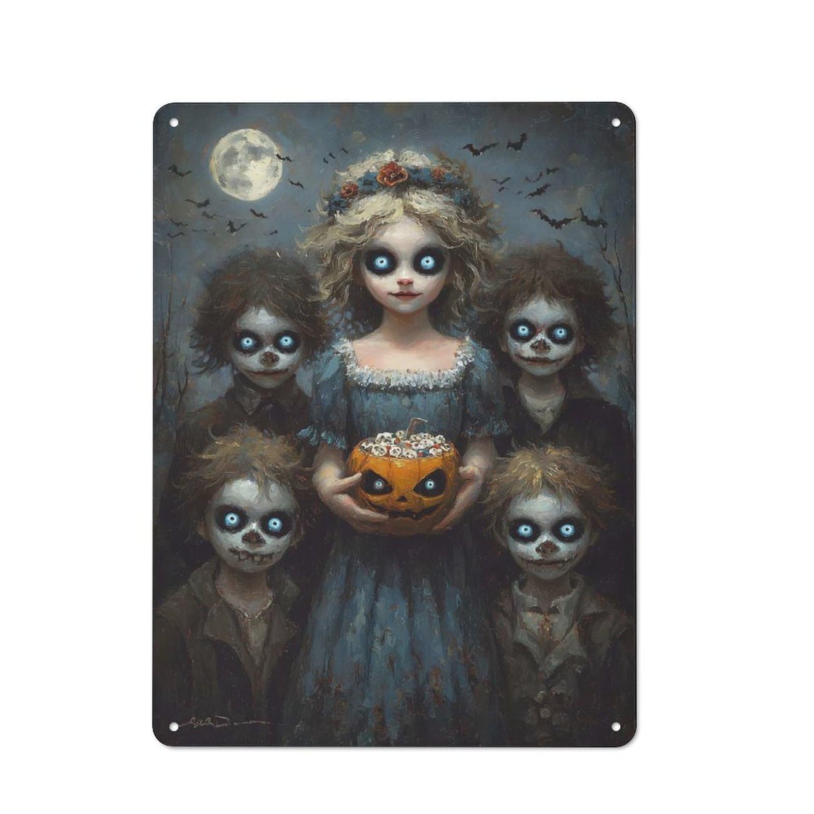 Junmoney Halloween Spooky Children With Pumpkin Vintage Metal Plaque 40X30cm For Workshop Wall, For Kitchen And Home Bar Decor, For Home Office And Studio Walls