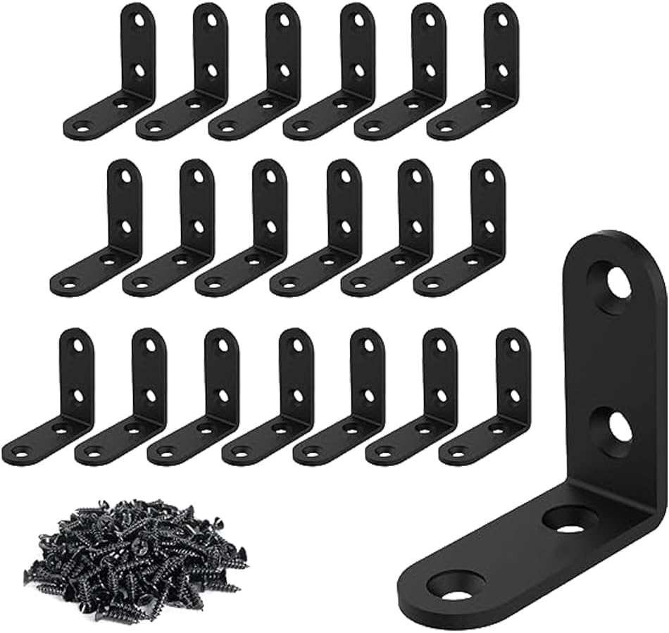 20 Pcs L Corner Brackets 2x2 Inch Black Heavy Duty L Bracket for Joint Right Angle Shelf Support Corner Braces for Shelves, Wood Furniture, Cabinet， with 80PCS Screws