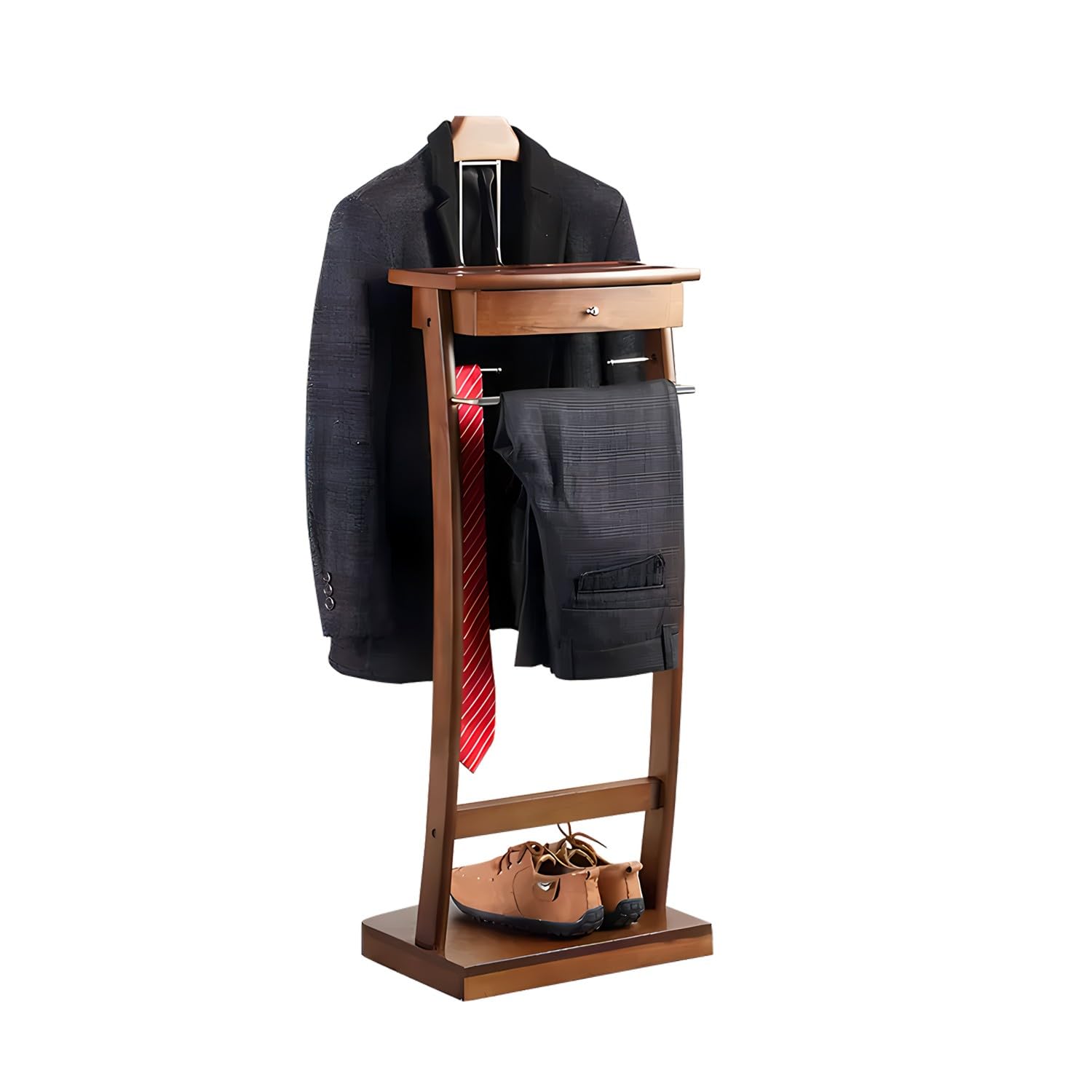 Qcesorib Men's D Soli Woo Suit Rack Stan, Freestanding Valet Stan With Tray, Valet Coat Stan With Contour Hanger, Soli Base, For Bathroom Office Bedroom, Walnut