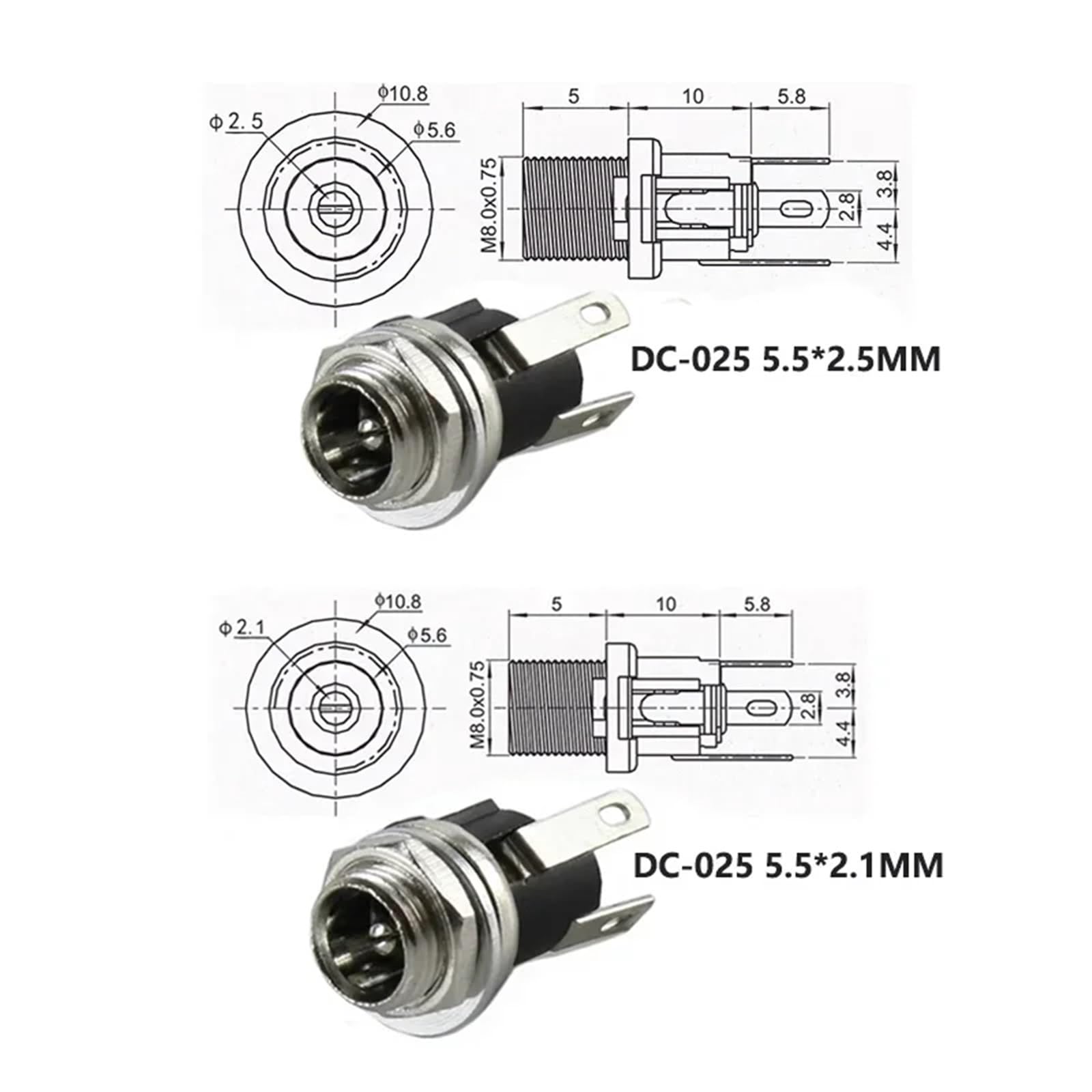 Jack di alimentazione CC, 50 pezzi, presa jack femmina per montaggio a pannello, connettore a 3 pin, 5,5 x 2,1 mm, 5,5 x 2,5 mm, per audio auto, laptop, lettori MP3 (2.1 con tappo)