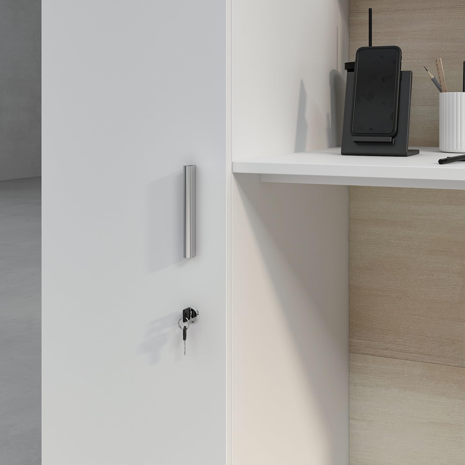 Banco di reception, grandi banchi con ripiani regolabili, bancone della reception, mobili da ufficio, colore legno e bianco, 180 x 60 x 110 cm, MDF, moderno ed elegante