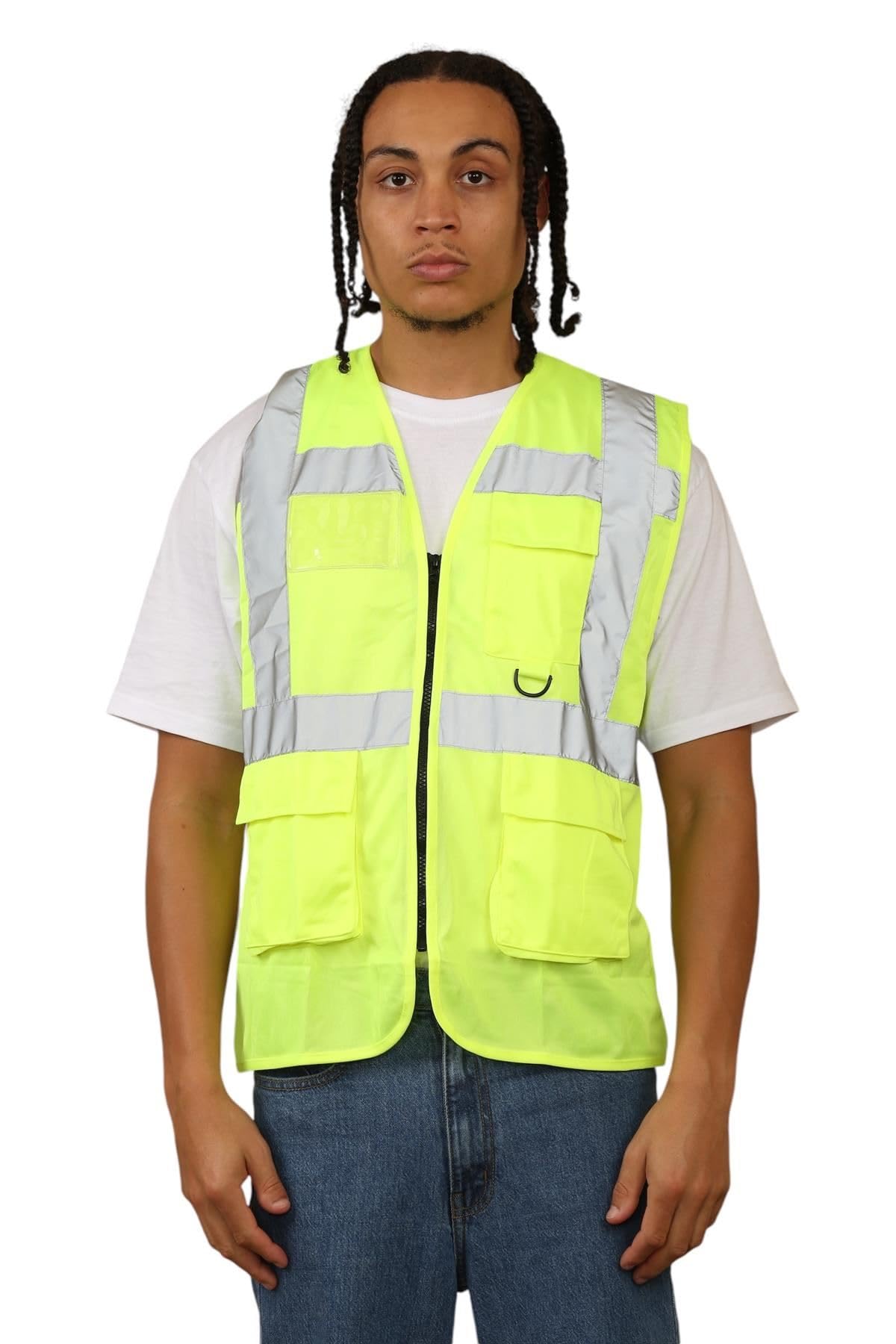Gilet di sicurezza da uomo ad alta visibilità, ad alta visibilità, senza maniche, con tasche, scomparto per documenti, portapenne, anello per chiavi e nastro riflettente