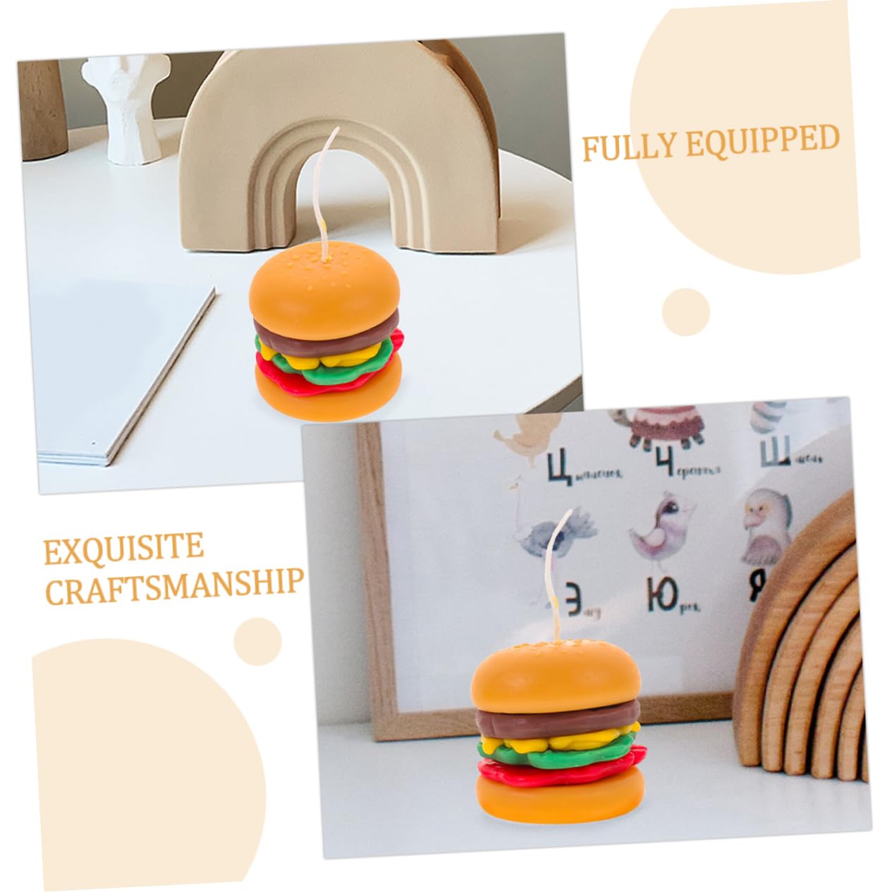 Vela de Hamburguesa Aromática Decorativa, 2 Piezas de Cera Naranja | Estilo Rústico Farmhouse Artístico, para Mesa Fotográfica y Ambiente Festivo