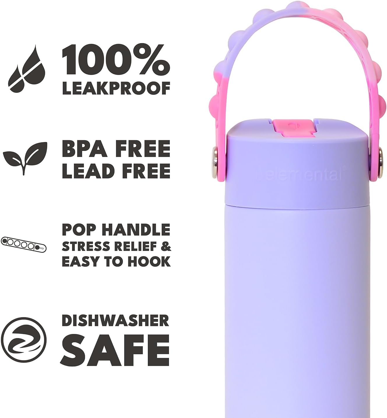 Elemental Insulated Kids Water Bottle, Stainless Steel Water Bottle with Straw Lid & Pop-It Handle, Leak-Proof Water Bottles for School, Boys or Girls, Travelling and Sports, 18oz - Lilac Tie Dye - Image 6