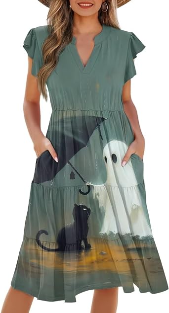 Womens Bohemian Summer Casual Dresses Flowing V-Neck A-Line Dresses with Pocket Plus Size S-2XL
