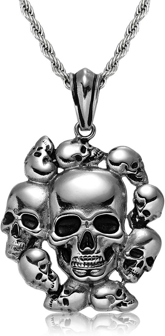 Skulls Medallion Pendant, Steel Mens Vintage Skulls Medallion Pendant, 24 inches Chain Necklace, Gothic