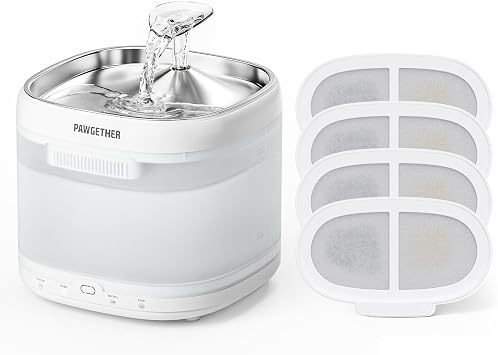 PAWGETHER Cat Water Fountain with 4 Filters, Ultra Quiet Pumpless Pet Water Fountain with Stainless Steel Tray, 67oz/2L Water Fountains for Cats Indoor with 360 Motion Sensor for Cats & Dogs