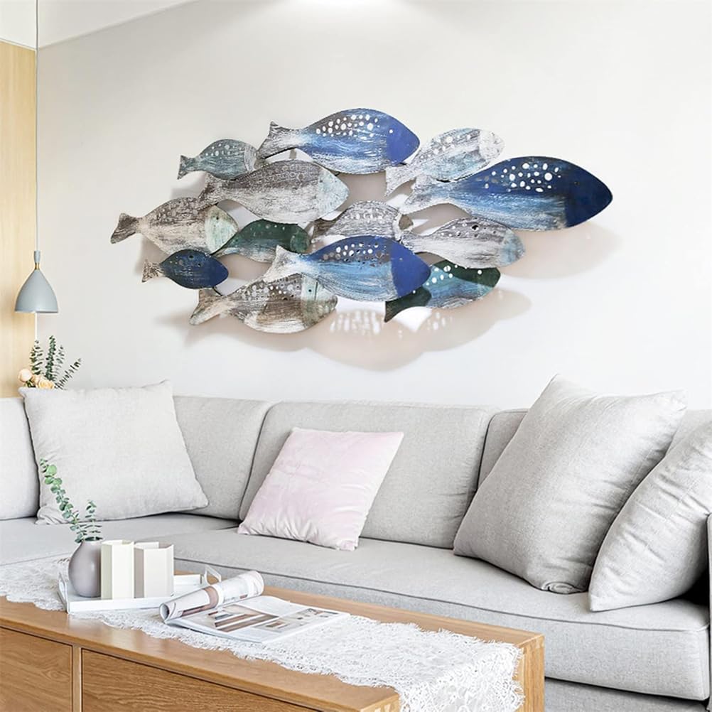 Decoración de Pared de pez de Metal con diseño costero oceánico, Escultura de pez 3D Grande de 127 x 50 cm, Arte Mural de Banco de Peces Pintado a Mano, decoración Colgante para Sala de Estar