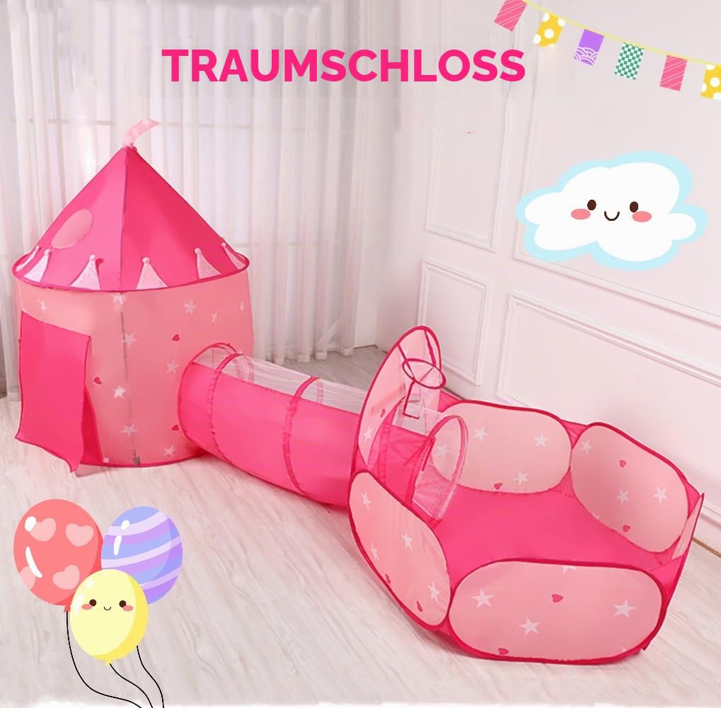 3-in-1 Kinder Spielzelt mit Tunnel, Pink, Prinzessin-Design mit Sternen, Pop-Up Zelt Set mit Tragetasche