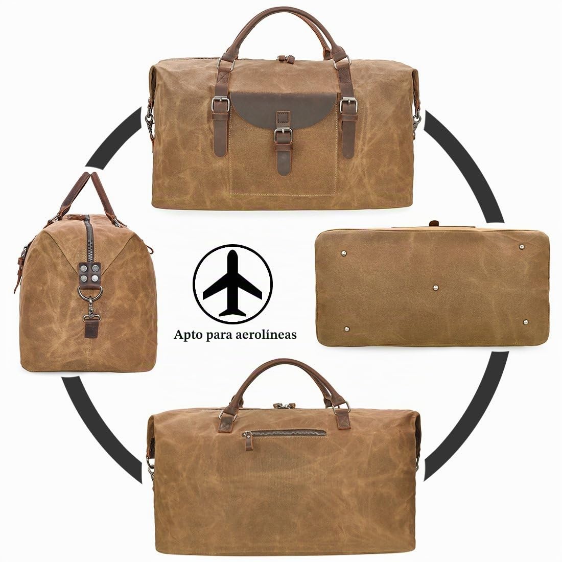 Bolsa de Viaje para Hombre Week-End Bolsa Impermeable de Lona Bolsa de Hombro para Retro Cuero Unisex Gran Bolsa Camping para Overnight Bolsa Marrón