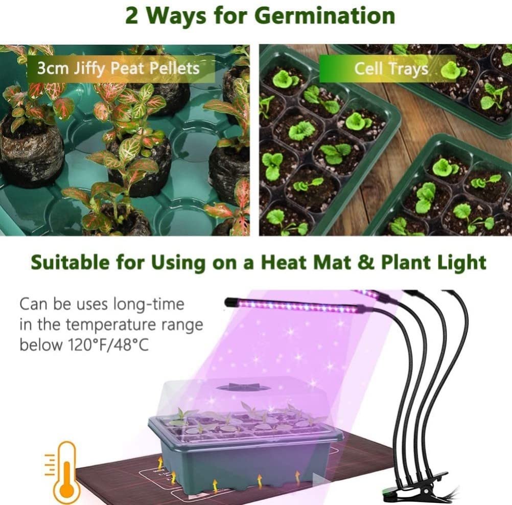 KAHEIGN 12Pcs Plateaux de Démarrage de Semences, 144 Cellules Plastique Très Résistant pour Propagation de Graines avec Dôme De Ventilation Et Socle, 20 étiquettes De Plantes, 2 Semis Outils