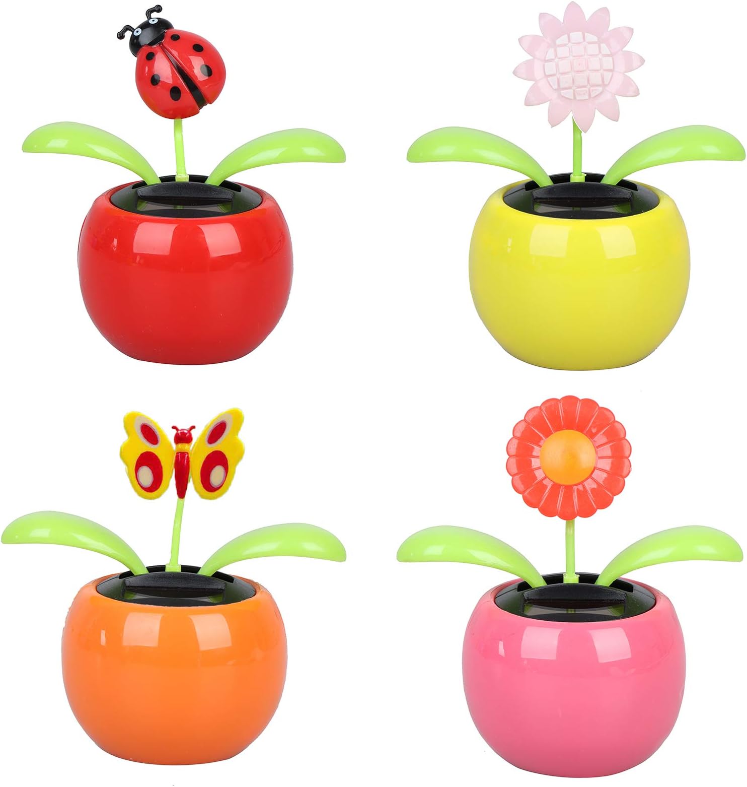 Welecom 4 Solar Dancing Sunflower Toy Solar Powered Dancing Ladybug in Colorful Pots Swinging Butterfly Flip Flap Animated Bobblehead Dancer Window Sun Catcher Car Dashboard Decor Portable Suncatcher