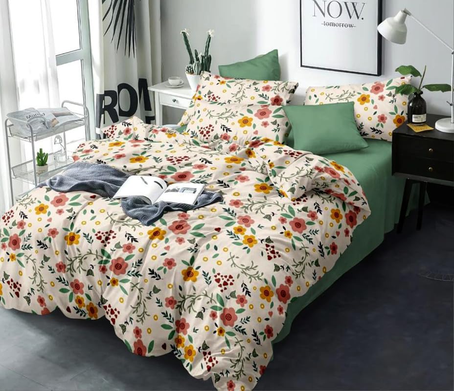 Image of Polycotton Double Bed Bedsheet, Flat Sheet with 2 Pillow Covers, Queen (90x100 inch), 300 TC, Yellow & Cream, Set of 3