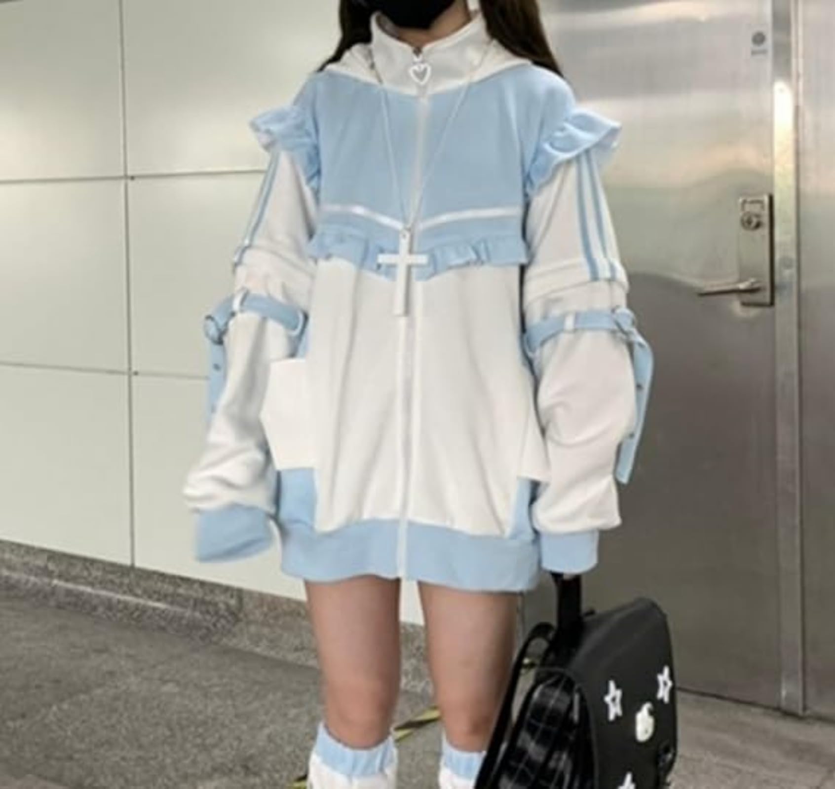 Pokn Tenshii Kawaii Hoodies Jirai Kei Fashion Cute Cat Ears Clothes Oversized Zip Up Hoodie Gothic Top