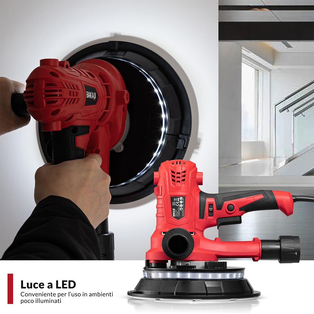 Bakaji Levigatrice Muro Soffitto Pieghevole Carteggiatrice Giraffa Cartongesso Aspirazione Polvere Automatica con Luce a LED Asta Telescopica e 6 Dischi Abrasivi (Manuale con Sacco 900W)