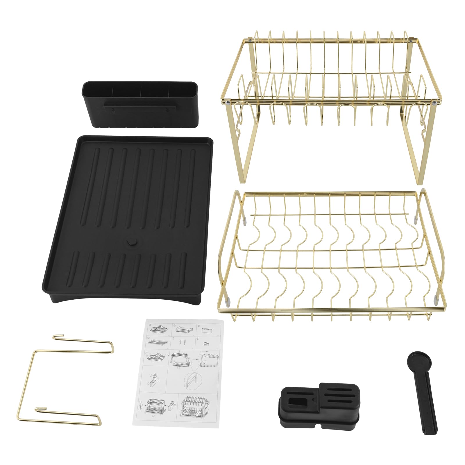 Égouttoir à vaisselle, en acier inoxydable, égouttoir à vaisselle, égouttoir à vaisselle à 2 niveaux, égouttoir à vaisselle, assiette et planche à découper (noir + doré)