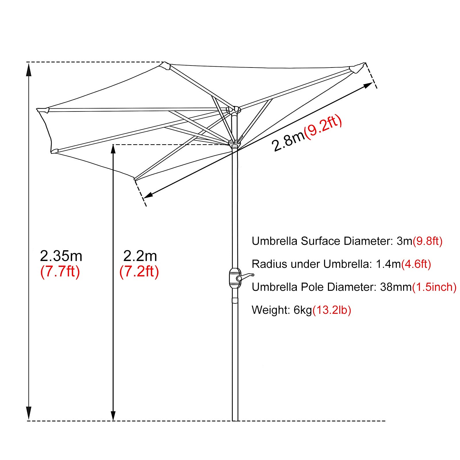 Parasol Ogrodowy Duży, Półokrągły Parasol Ogrodowy O Długości 3 M / 9,8 Stopy, Półokrągły Baldachim W Kolorze Ciemnozielonym Z Korbą I 5 Żebrami, Parasol Ogrodowy/Tarasowy/Podwórkowy, Ochrona Przed P