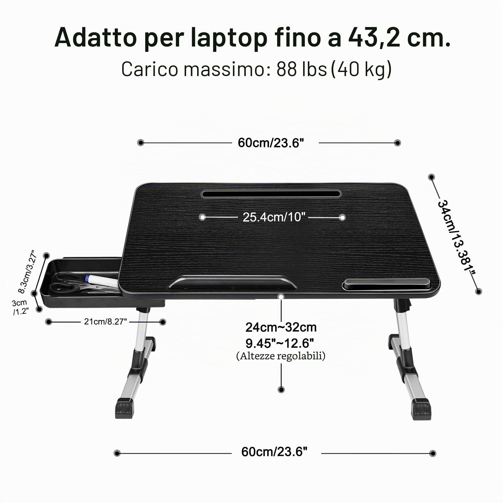 Tavolino da Letto, Regolabile in Altezza und Angolo, Tavolino Pieghevole con Cassettiera, Supporto per Tablet, Tavolini per Letto, Divano, Pavimento (60 x 34 cm, Nero)