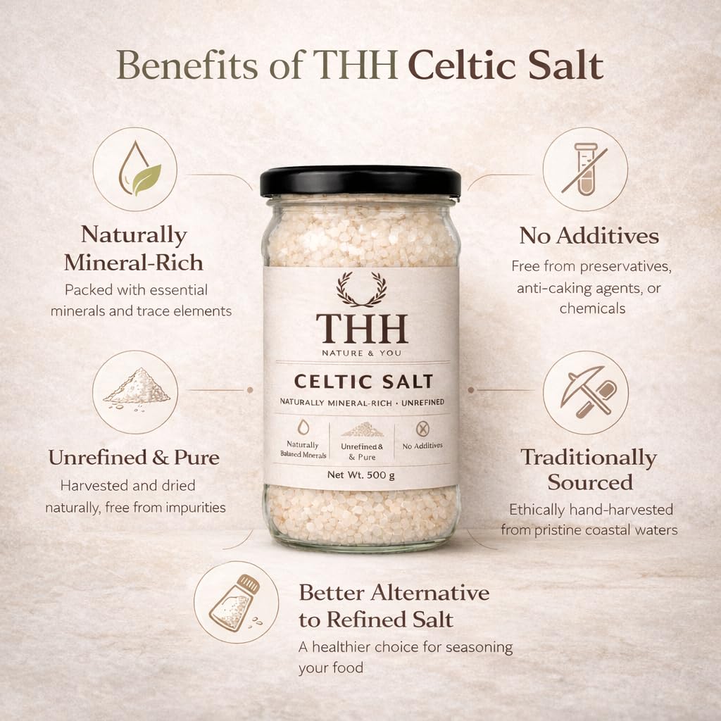 THH Celtic Salt - 500gm | Coarse Sea Premium Salt (Sel Gris) With Full of Minerals | Premium Glass Jar | Organic Hand Harvested and Edible Celtic | For Cooking & Baking 1