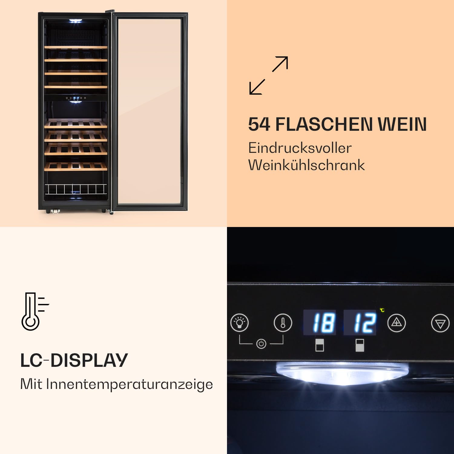 Klarstein Weinkühlschrank 2 Zonen 54 Flaschen 5-18°C LED-Beleuchtung Freistehend Glastür