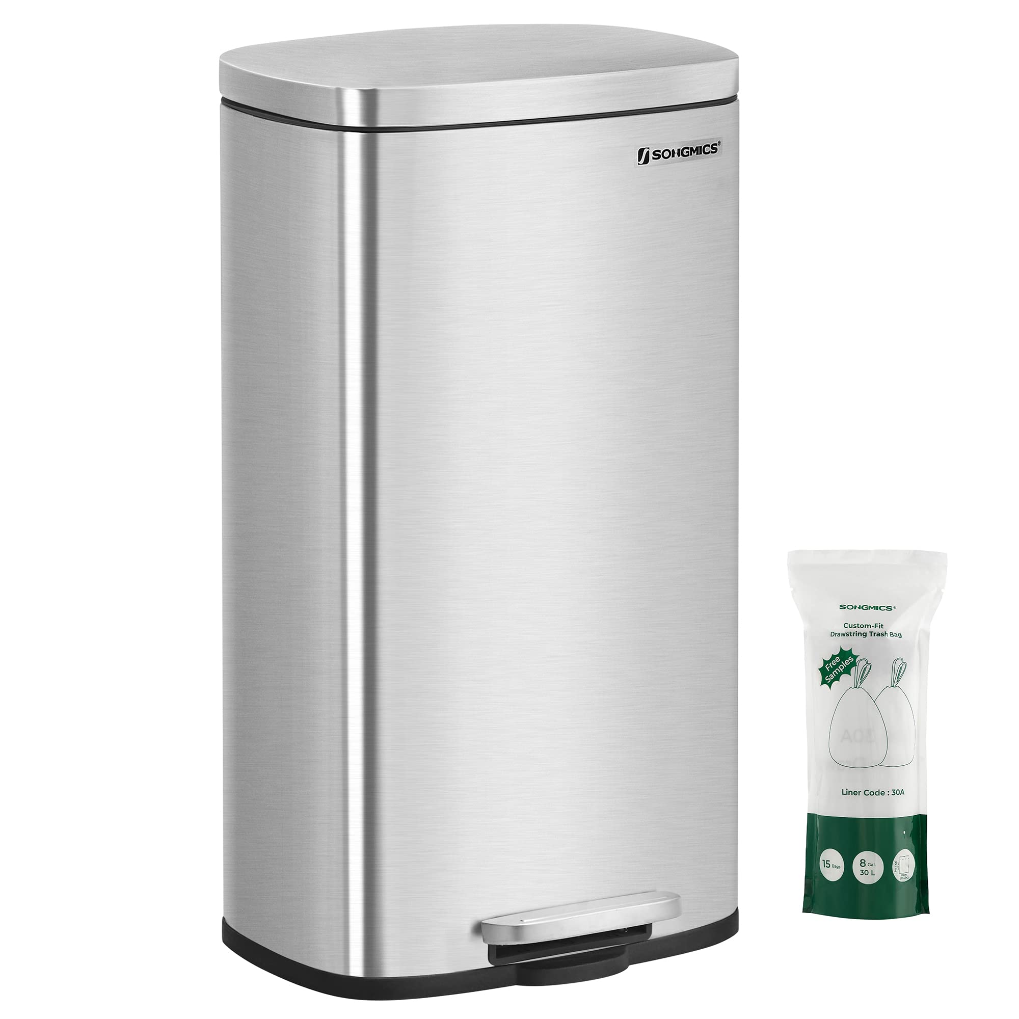 SONGMICS 8Gallon Trash Can, Stainless Steel, with Hinged Lid, Plastic