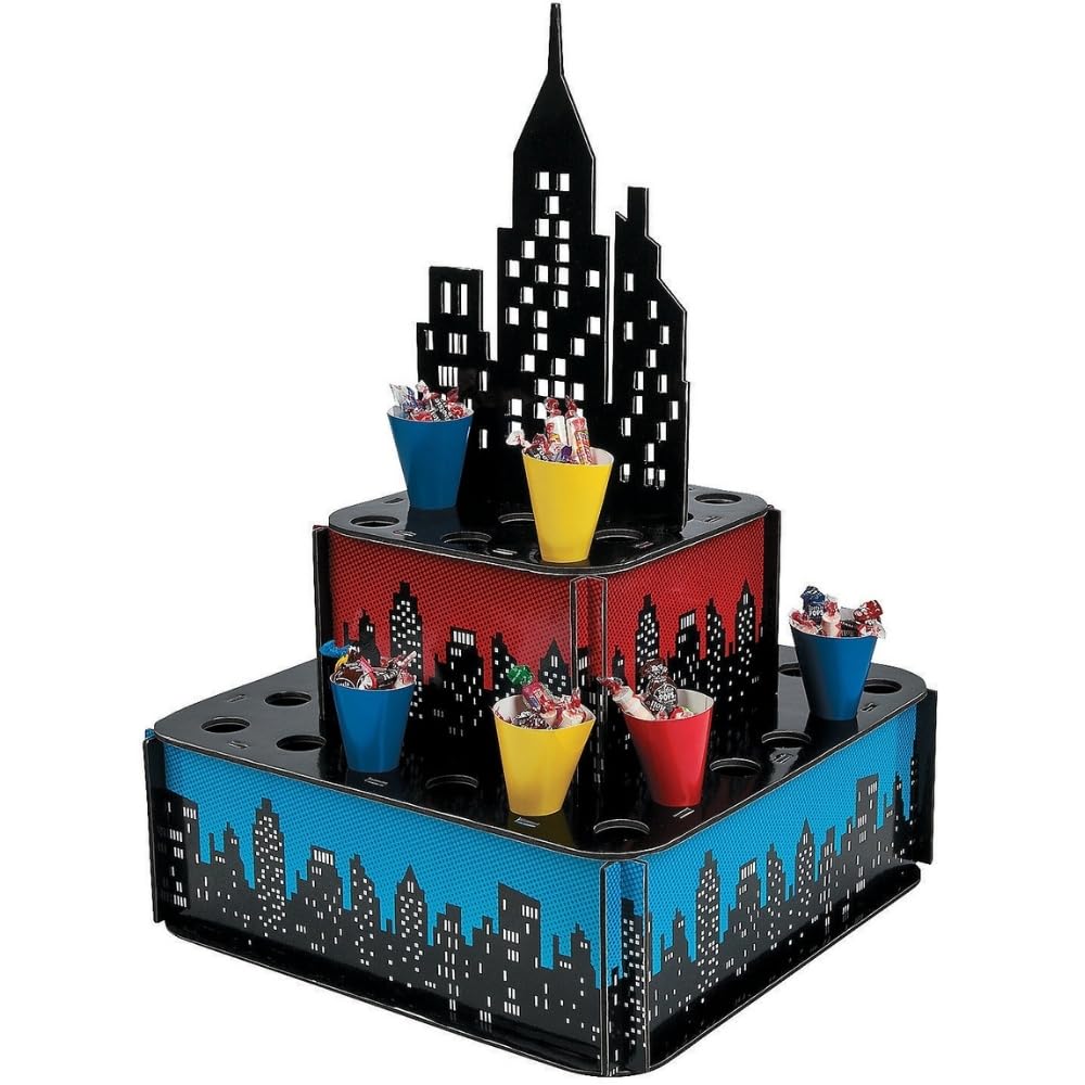Fun Express Superhero Skyscraper City Treat Stand - Includes 32 Paper Cones - Comic Birthday Party Supplies and Decor - VBS Vacation Bible School Supplies/Decor