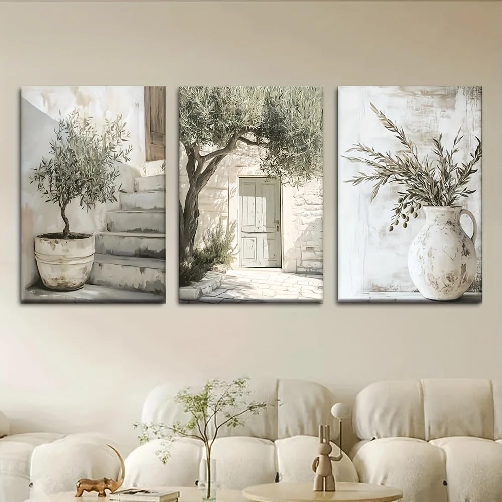 Gosrd Frameless Canvas Poster Retro Art Olive Tree Mediterranean Landscape Wall Art Prints Bedroom Kitchen Corridor Wall Decoration(60X80cm-3Pcs)