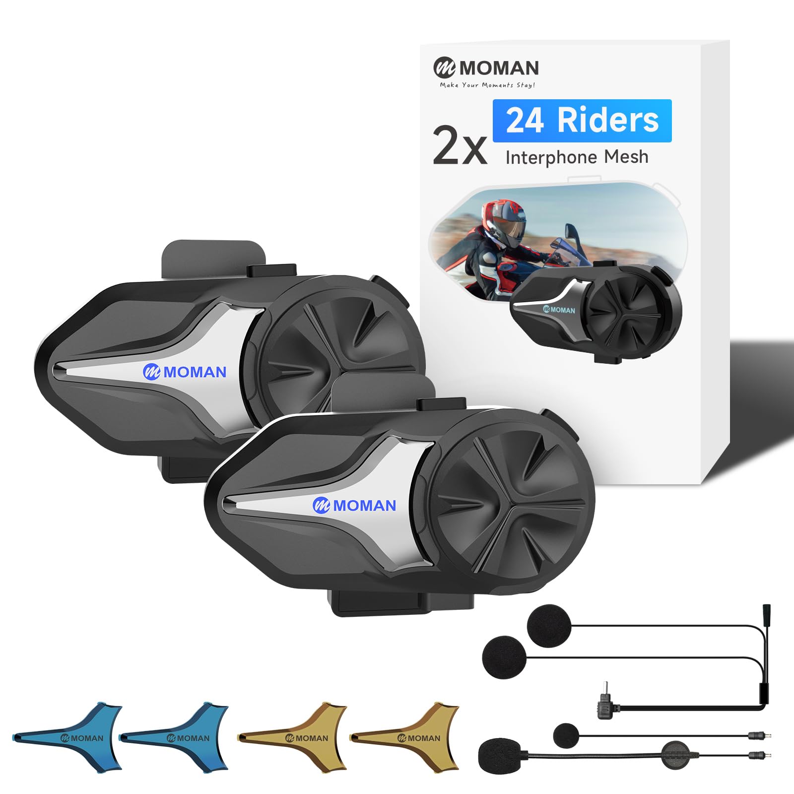 Moman Intercom Moto CPX, Dual-Mode Mesh 24 Riders, 2 Interphone pour Casque Moto BT 5.4 - Communication 2000m, Réduction Bruit IA, Stéréo Hi-FI, Assistant Vocal, IP65, FM
