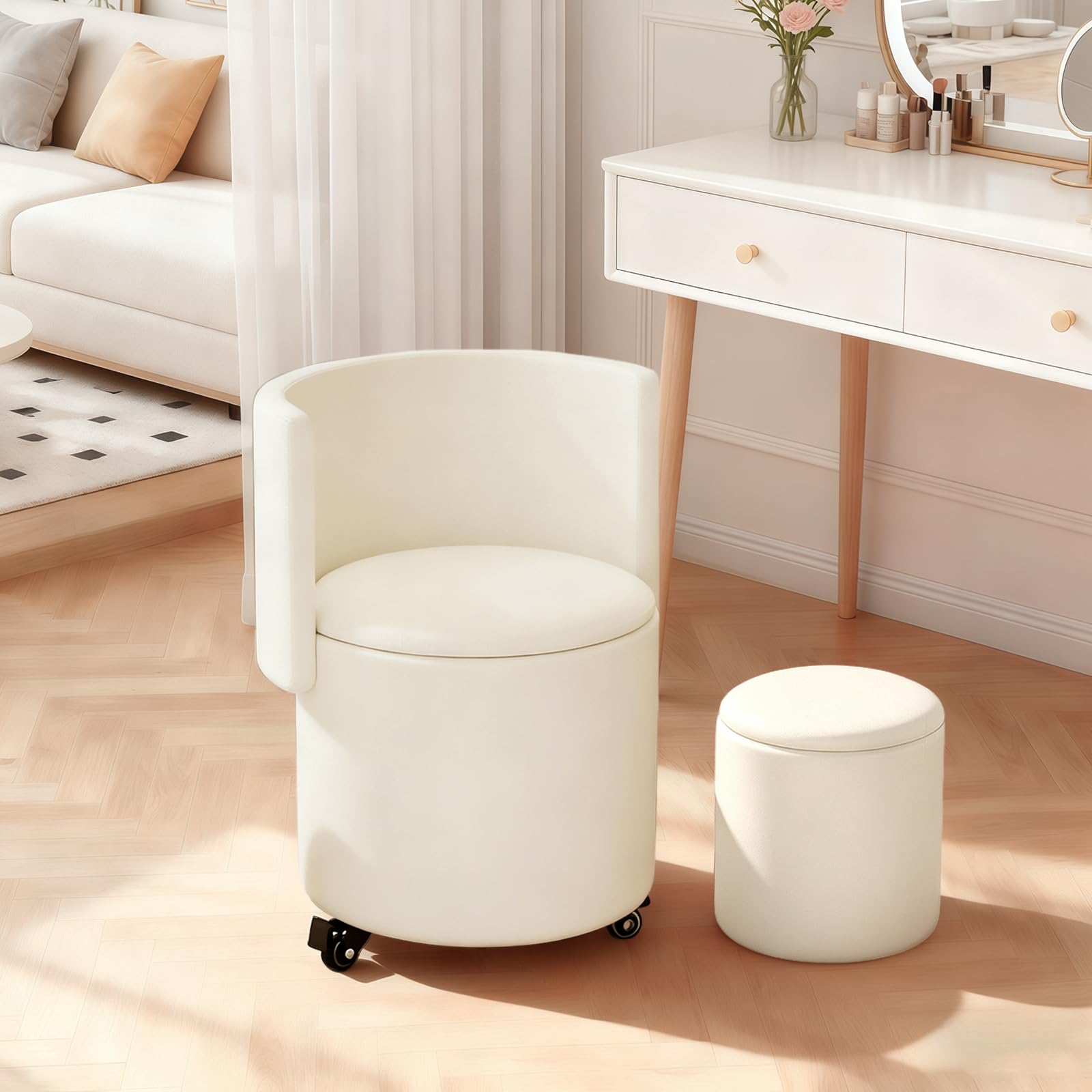 XUEGW Round Storage Ottoman, Stool with Storage Foldable Footstool for Makeup Room, Living Room, Bedroom