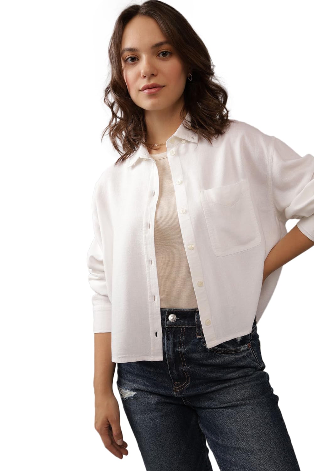 american eagle Women White Cropped Button-Up Shirt-picture-11
