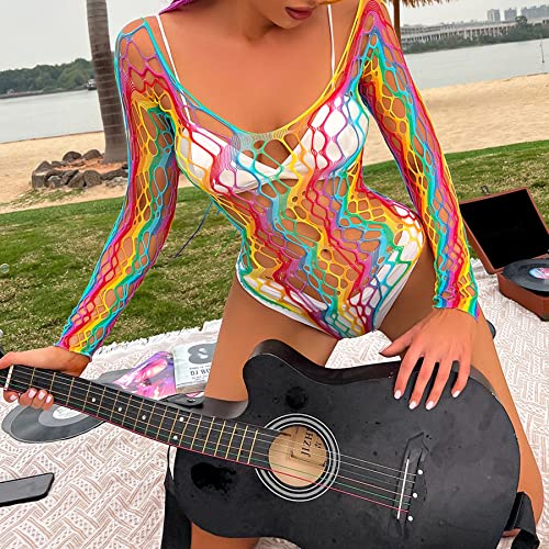 Bikini de malla arcoíris multicolor con transparencia sexy de rayas 3