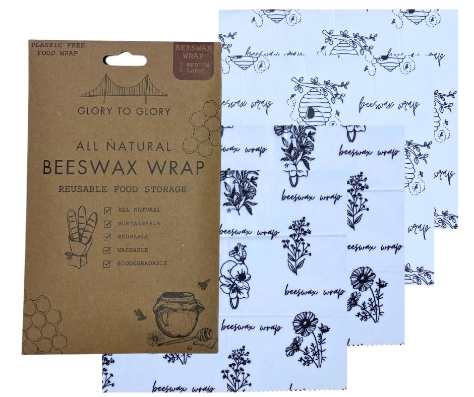Beeswax Wraps For Food | 4 Pack All Natural Beeswax Wrap | Beeswax Wraps (2L, 2M) | Reusable beeswax food wrap | Use for sourdough bread | Fold into an eco friendly bread wrap