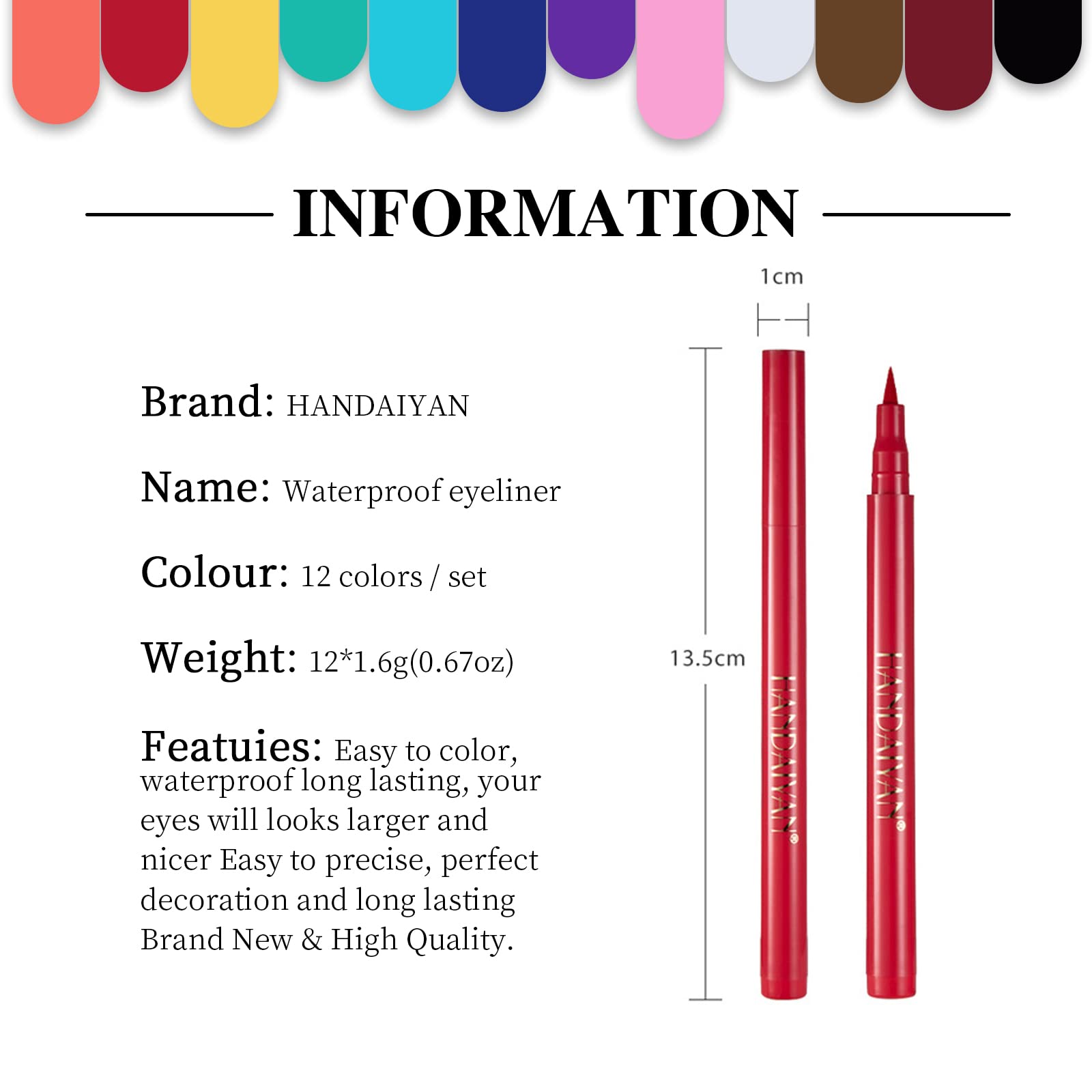 12-częściowy zestaw Eyeliner,Wodoodporny matowy ciecz eyeliner zestaw długiej żywotności,Wysoko pigmentowany kolorowy eyeliner odporny na zadziory
