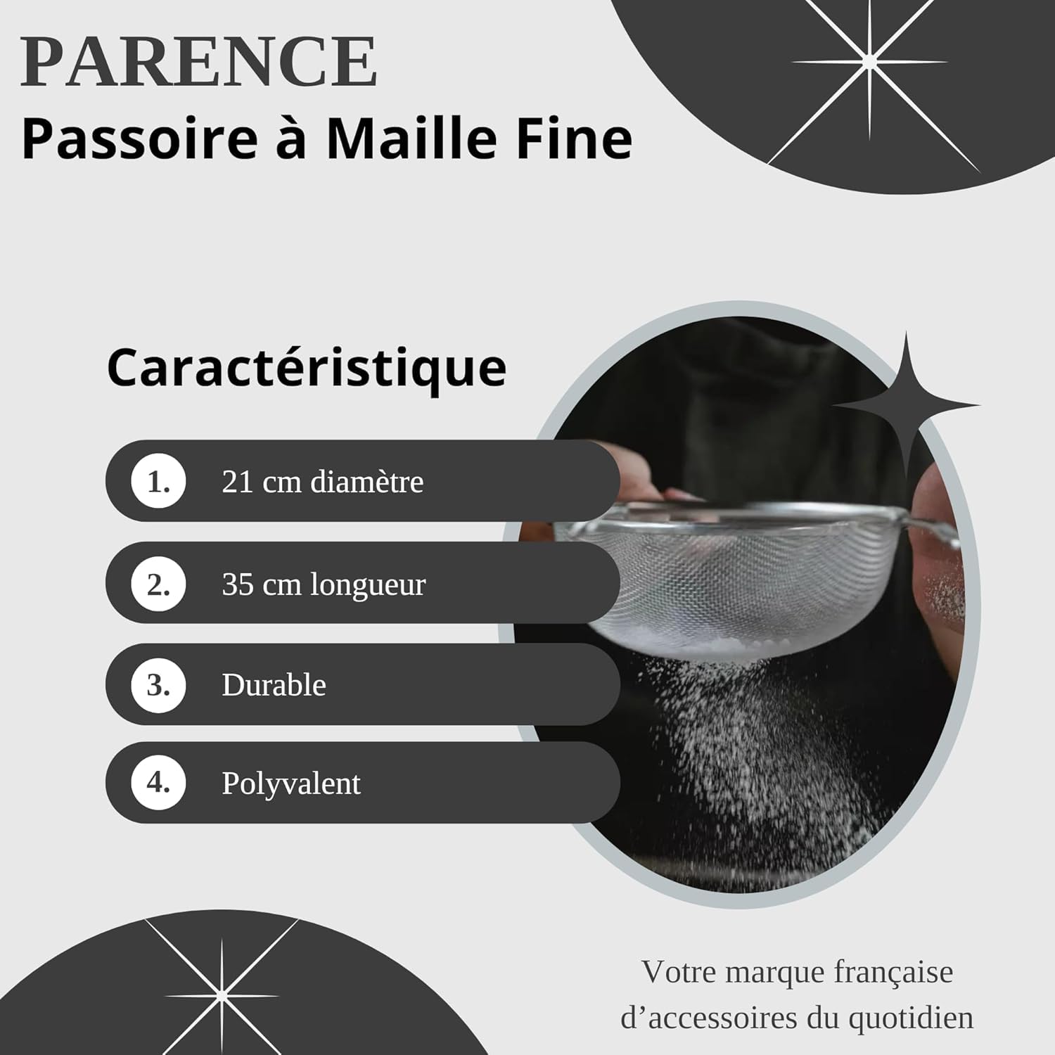 Passoire à Maille Fine Tamis de Cuisine 21cm Diamètre Argenté