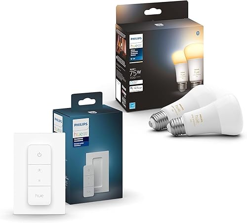 Miniatura 1 de Philips Hue Bombilla inteligente A19 blanca de 75 W, 1100 lúmenes, incluye 2 bombillas e interruptor de atenuación Philips Hue - Requiere Hue Bridge
