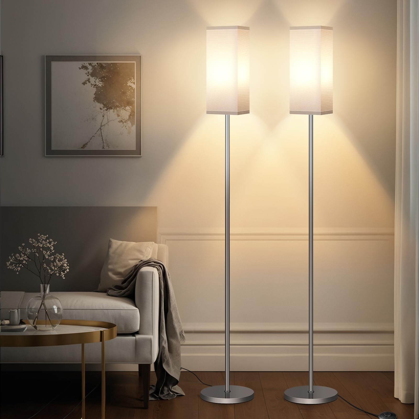 2Pack Floor Lamp, Pole with Foot Switch, Modern Standing Lamp Lamp, Minimalist Freestanding Lamp (Bulb Not Included), for Living Room, Bedroom Office ETL Listed, Silver and White,SCW07LDP205
