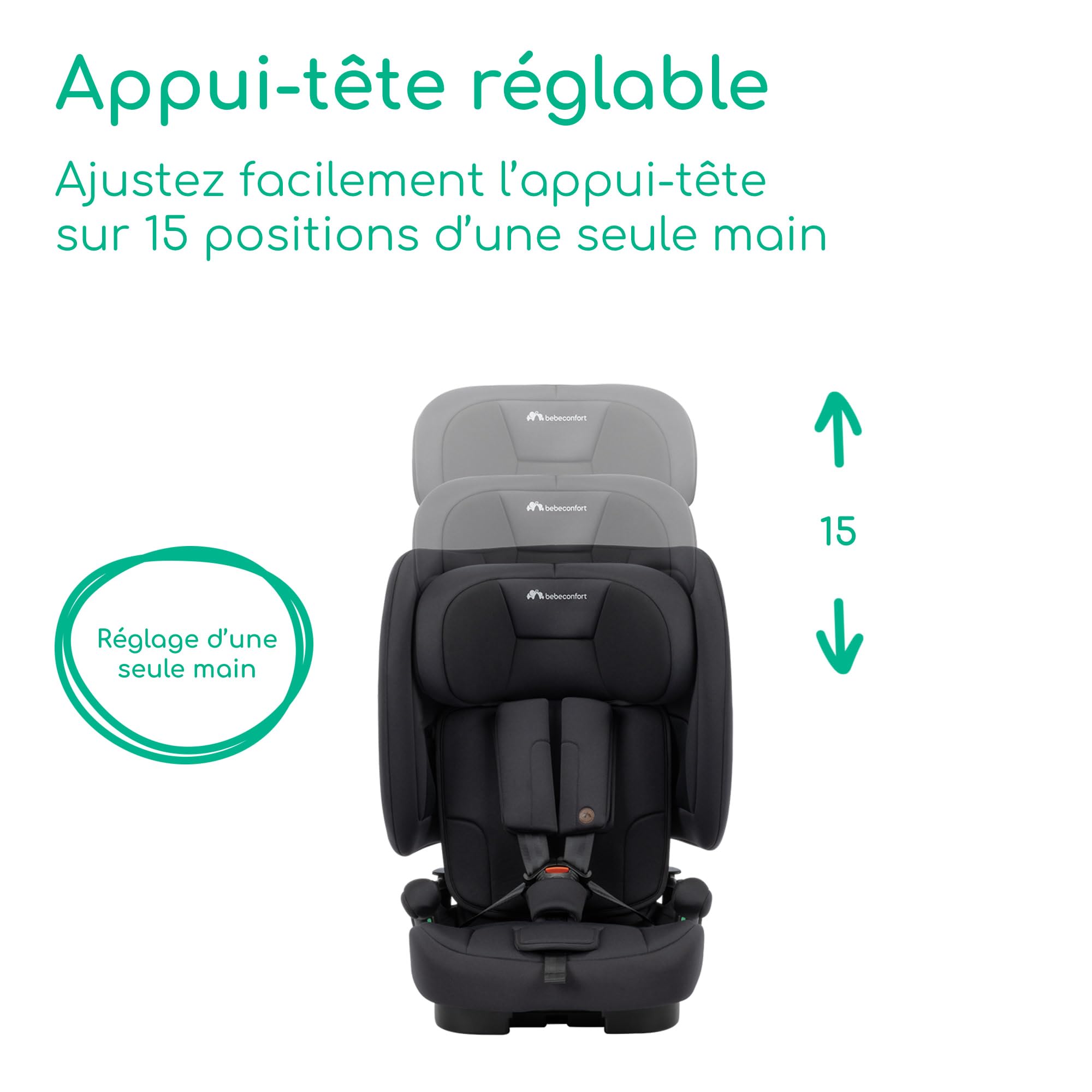 Bebeconfort Ever & Go i-Safe, Siège-Auto Évolutif, 15 Mois - 12 Ans, 76-150 cm, Siège-Auto de Voyage Pliable, Compact & Léger (4.9 kg), 15 Positions d'Appui-Tête, Full Black