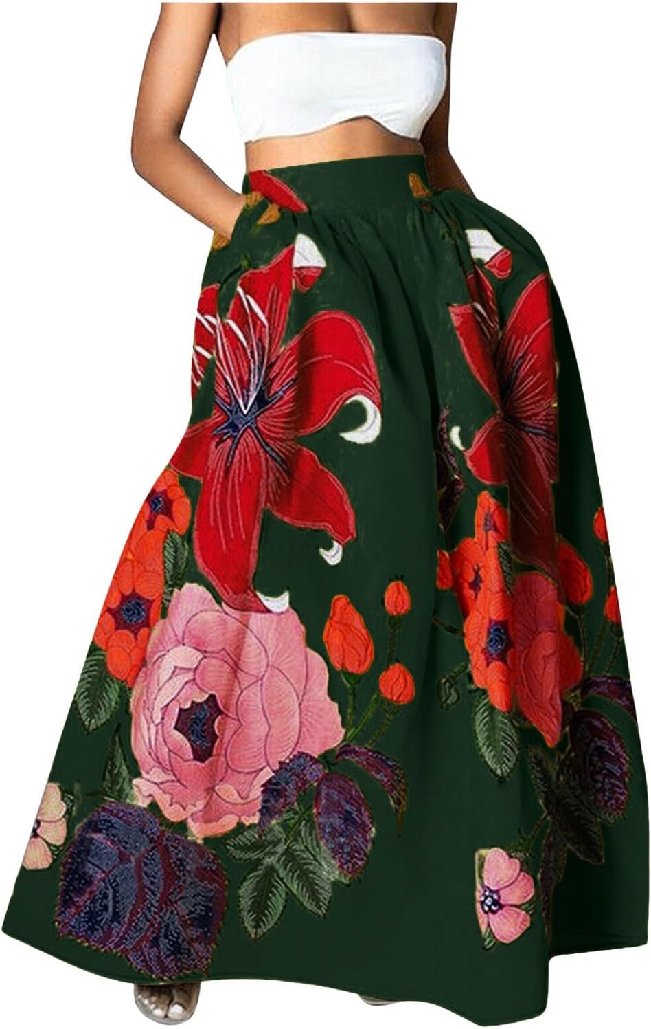 Womens Casual Long Skirts Bohemian Print Skirt Elastic High