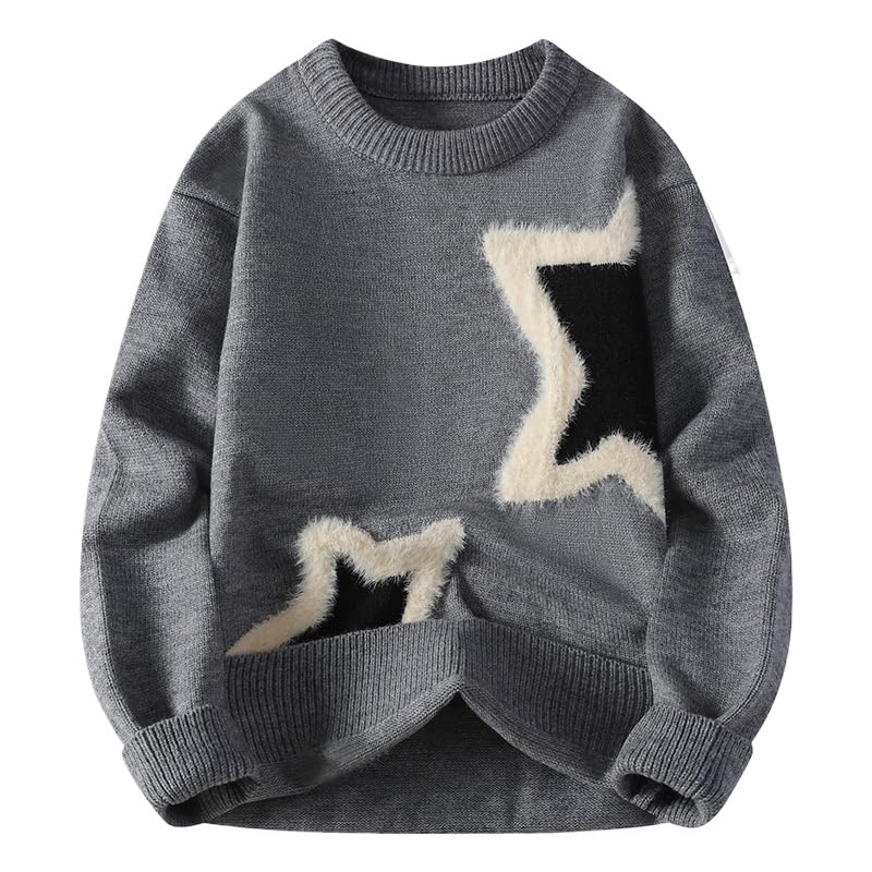 Y2K Pullover Sweaters for Men Star Print Loose Crochet Sweaters Crew Neck Long Sleeve Winter Holiday Sweaters