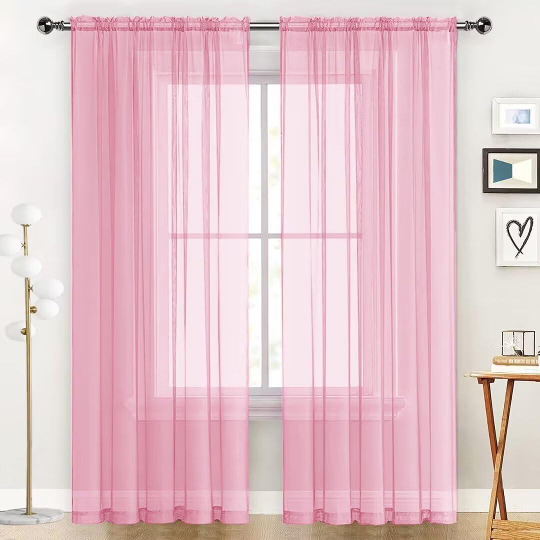 SpaceDresser Sheer Voile Window Treatment Rod Pocket Curtain Panels for Kitchen Bedroom Living Room Drapes Sunlight Filtering Privacy Semi Home Decor Assorted (Light Pink, 52 W x 96 L) Light Pink 52"W x 96"L (Pack of 2)