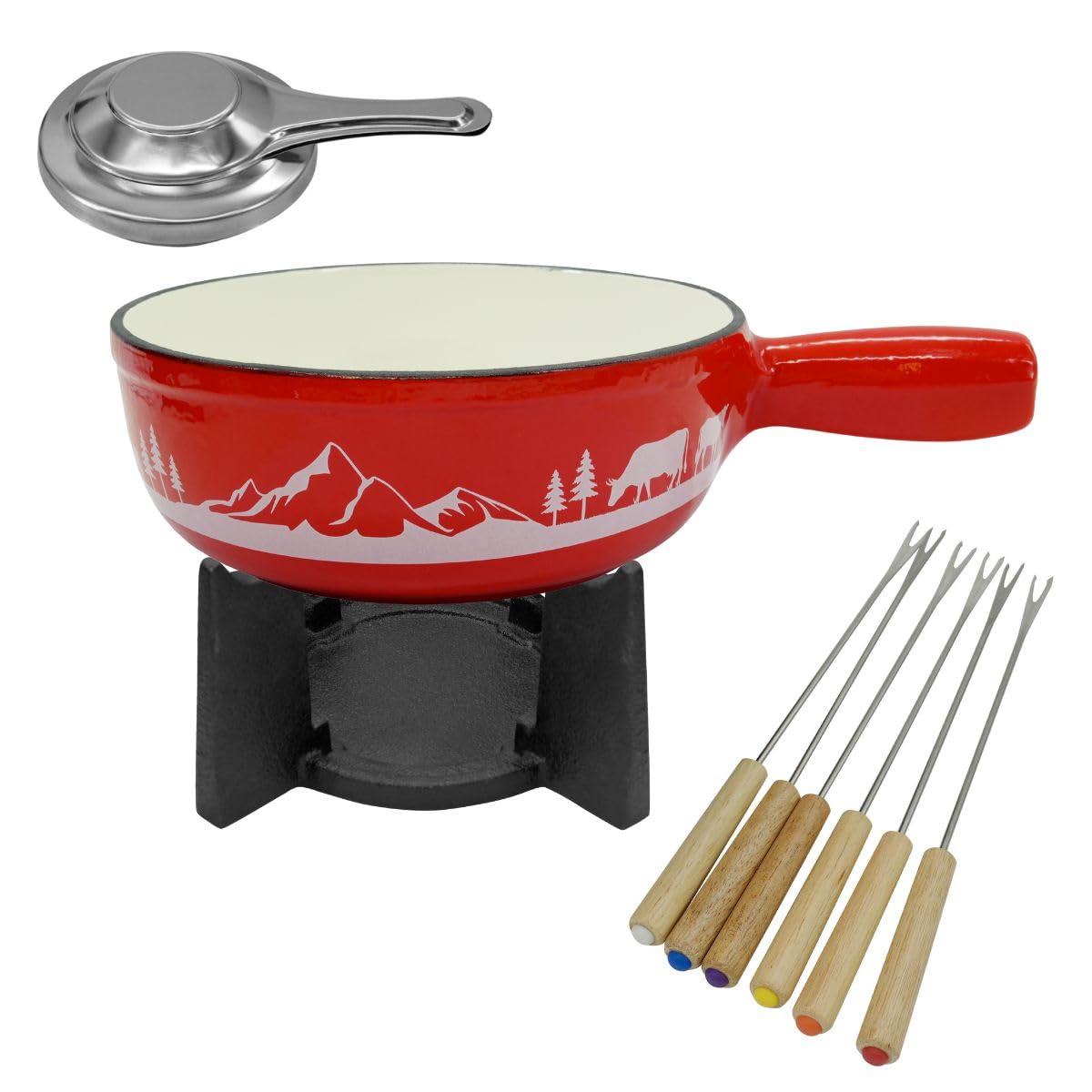 Fackelmann 686949 Service à fondue savoyarde pour 4 personnes, fondue bourguignonne, 1 caelon, 1 poêle, 1 brûleur 6 fourchettes, fonte émaillée, acier inoxydable, bois, rouge, diamètre 21 cm, 1,8 l
